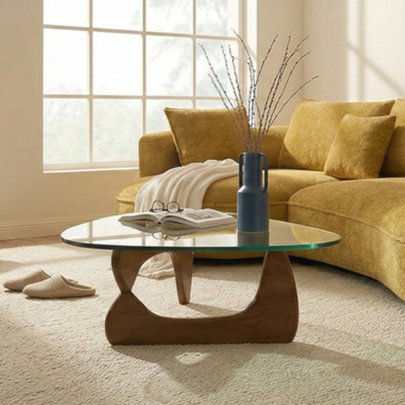 Noguchi-Style Mid-Century Modern Glass Coffee Table With Curved Wood Base, Brown