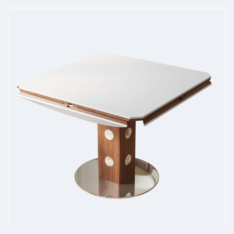 Table de salle à manger ronde extensible multifonctionnelle 47,2 po pour 4 à 6 personnes, table de cuisine pliante avec abattant, plateau en pierre frittée blanche et colonne en bois de noyer, peu encombrante pour les petits appartements, assemblage facile