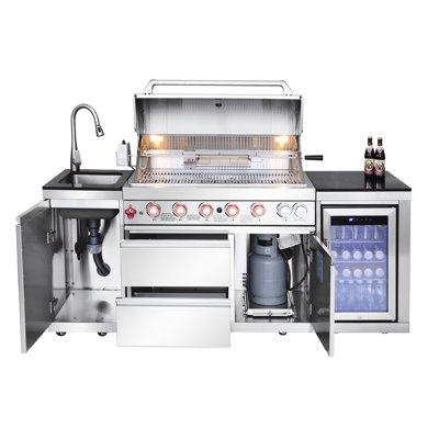 Îlot de cuisine extérieur 85 pouces à 85 brûleurs avec évier en acier inoxydable, rangement à une porte et réfrigérateur américain de conception compacte, 304