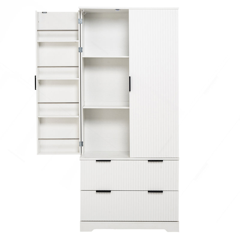 72" Modern Fluted Kitchen Pantry Cabinet With 2 Large Drawers & 8-Door Spice Rack, White