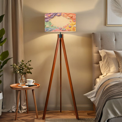 Tripod Standing Lamp Pastel Clay Art Design Hearts Clouds Flowers Stars Beige Remote Controlled Dimmable LED Floor Lamp with Beech Wood Legs & Detacha