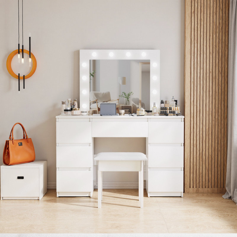 Grand meuble-lavabo blanc 41 po - miroir hollywoodien 3 couleurs 3 ampoules, 4 tiroirs extra profonds, noyau en peuplier, finition en mélamine mat, style studio moderne