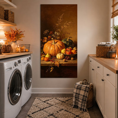 Grande toile murale verticale représentant une récolte de citrouilles, nature morte automnale vintage, décor rustique pour salon, cuisine, Thanksgiving, facile à accrocher, 71 x 147 cm