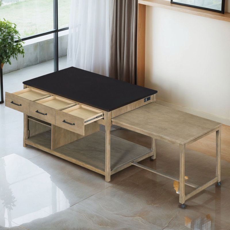 Expandable Kitchen Island Cart With Storage & Power Outlets, Retro Rolling Kitchen Island With Drawers & Shelves, Brown