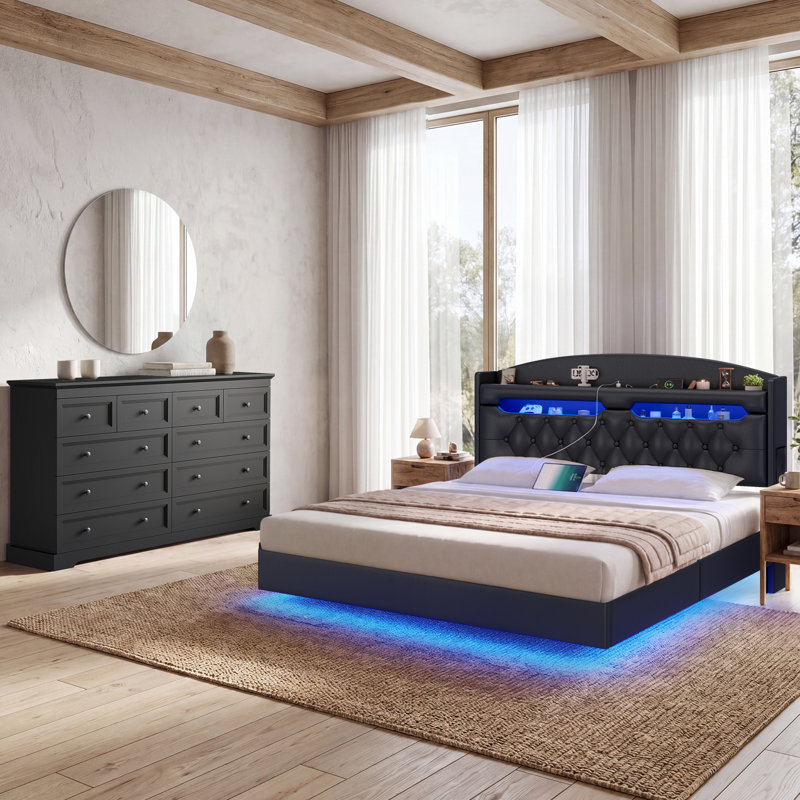 Ensemble de chambre à coucher 2 pièces avec cadre à DEL flottant en cuir et commode à 10 tiroirs l 55,01 po