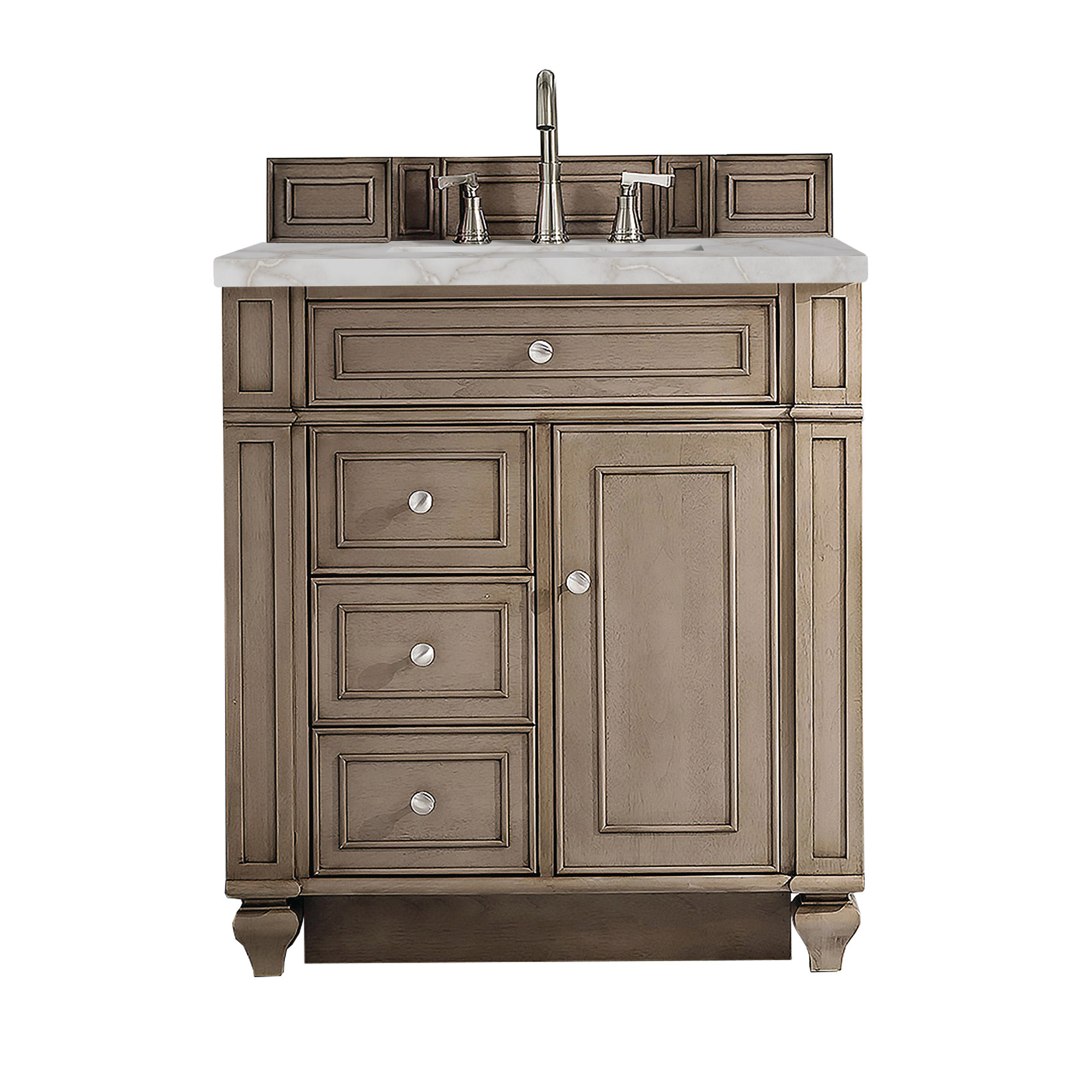 Bristol 30'' W Single Vanity, Whitewashed Walnut, Victorian Silver Quartz, 8" Widespread