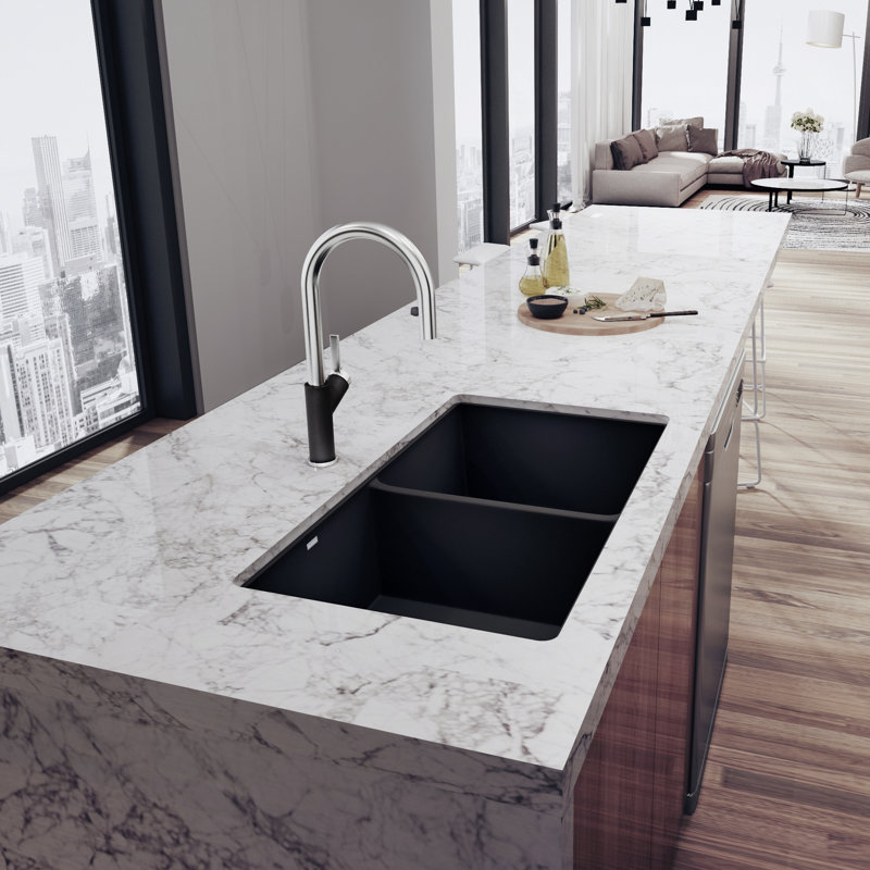 Precis SILGRANIT 29" L X 18.13'' W Double Bowl Undermount Kitchen Sink, Soft White