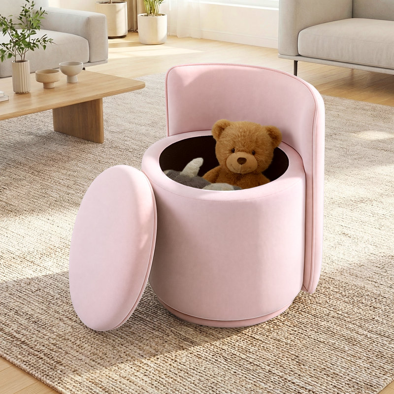 Upholstered Velvet 360° Swivel Storage Vanity Stool No Assembly Needed, Pink