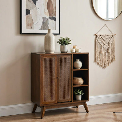 31" Rattan Sideboard Cabinet with Adjustable Shelf, Buffet Cabinet with 3 Tier Open Storage and Solid Wood Feet, Storage Credenza for Entryway, Kitchen, Dark Walnut