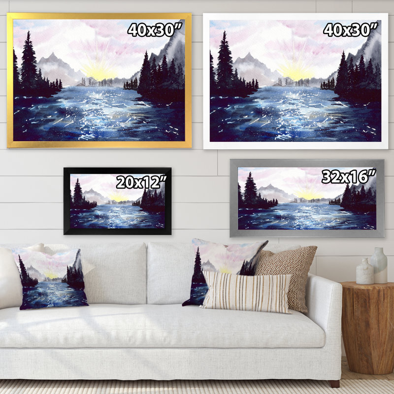 Paysage de montagne avec forêt de grands sapins - peinture sur toile, Cadre d'angle fermé noir, H 12 po x l 20 po