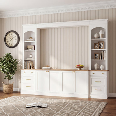 Farmhouse Arched Entertainment Center Wall Unit for TVs Up to 70", 106" Media Console with Bookshelves & Drawers