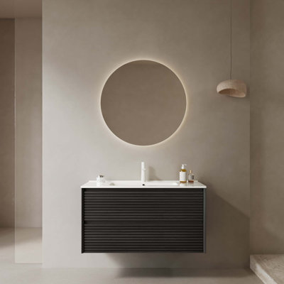 Bathroom Vanity with Sink, Wall-Mounted Floating Plywood Bathroom Storage Cabinet with Drawers, White Ceramic Basin with Sink Hole Cover and Drain, Pre-assembled