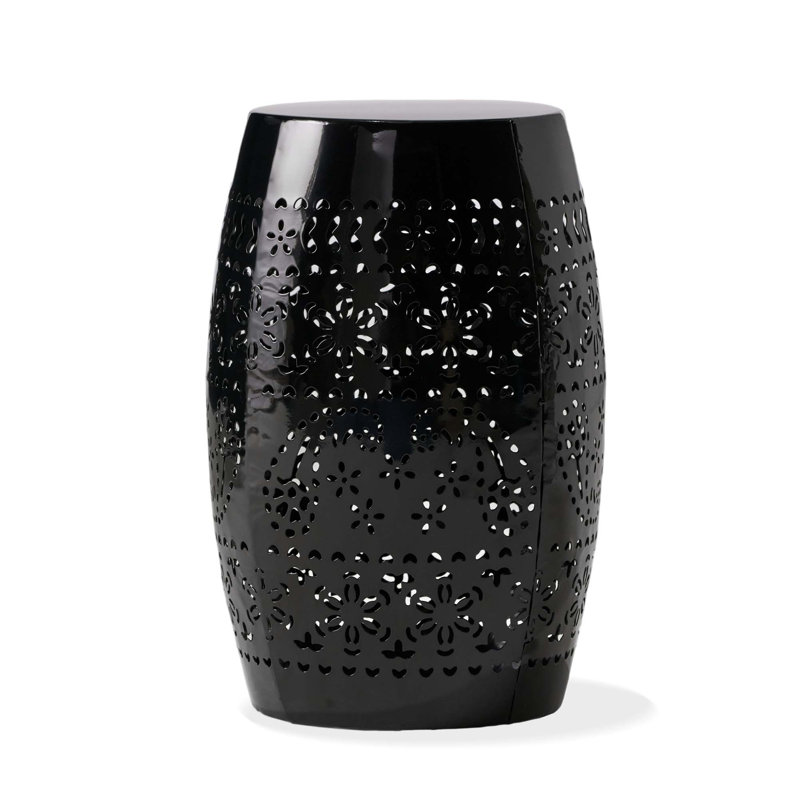Barrel-Shaped Side Table with Lace-Cut Metalwork and No Assembly, Black