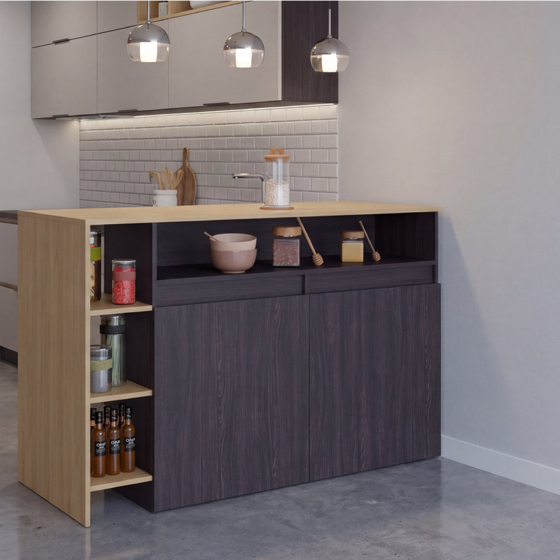 Bari Modern Kitchen Island And Counter Dining Table, Compact Structure With 4 Open Display Shelves, 2-Door Cabinet And, Spacious Dining Prep Table Countertop