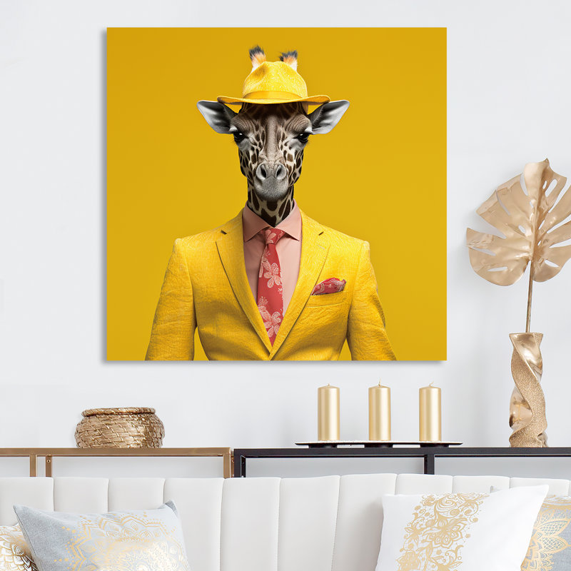 Yellow Suited Up Giraffe  II - Giraffe Animal Metal Wall Art, 16" H x 16" W x 1" D