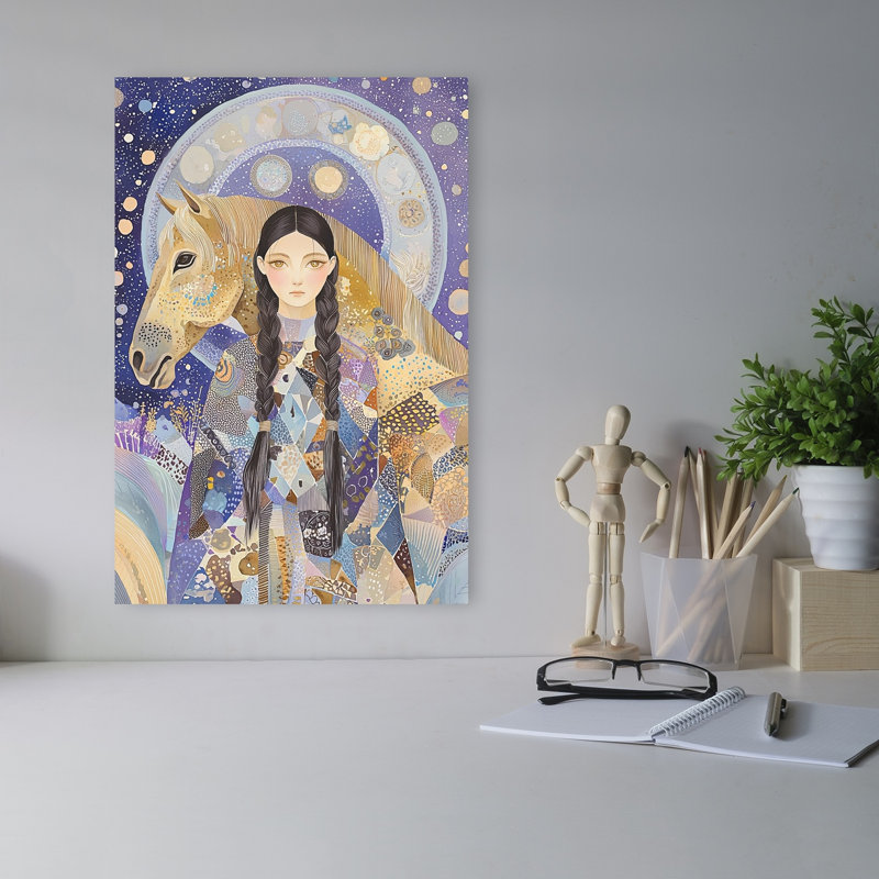 Mystical Girl And Horse Ethereal Mystical Serene Horse Landscape Nature Wall Art Print by Mathieu - Wrapped Canvas Print