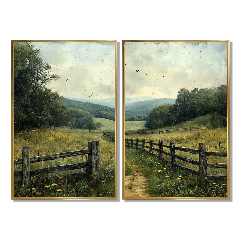 Green Peaceful Valley II - ferme, paysage mural, décoration murale, 2 pièces, H 36 po x l 48 po, Doré
