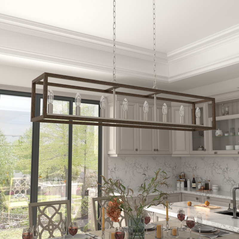 Perea 8 - Light Kitchen Island Steel Rectangle Dimmable Pendant, Walnut/Nickel