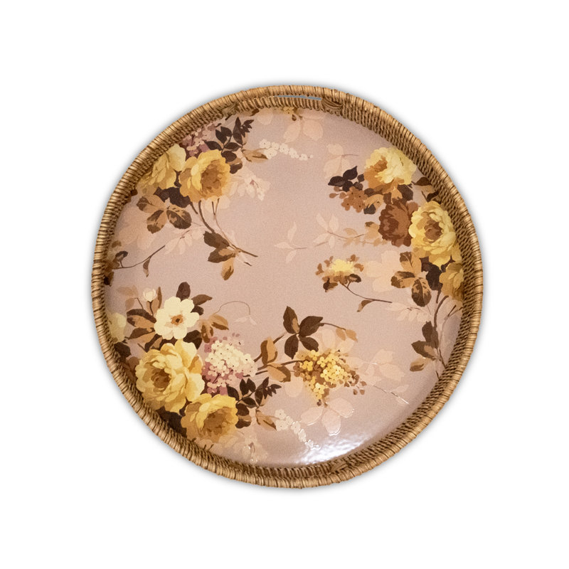 Wild Rose Enamel & Rattan Round Tray, Mauve