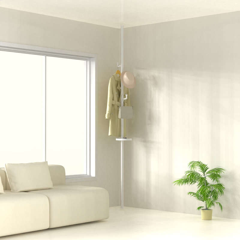 Séchoir à linge à tension de plancher à plafond de style nouveau avec plateaux, cintre réglable pour tringle à vêtements, organisateur de rangement vertical pour l'intérieur et le balcon, blanc
