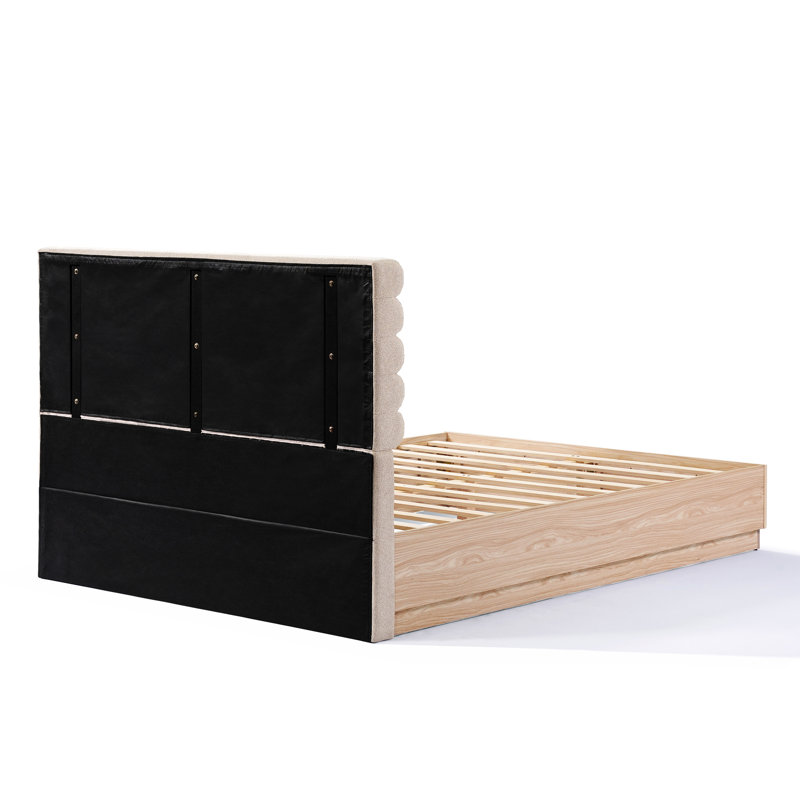 Structure de grand lit pour chambre à coucher côtière classique, tête de lit en tissu Boucle, bois d'une capacité de 800 livres avec rembourrage, pieds centraux massifs