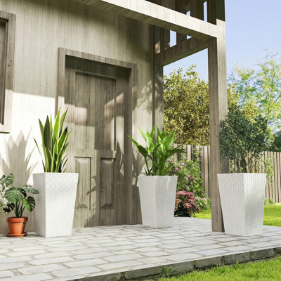 Tall Planters for Outdoor Plants Set of 3, 24 In Taper Planters with Drainage Holes, Rattan Decor Plant Pots for Indoor Outdoor Front Porch Patio Backyard, White