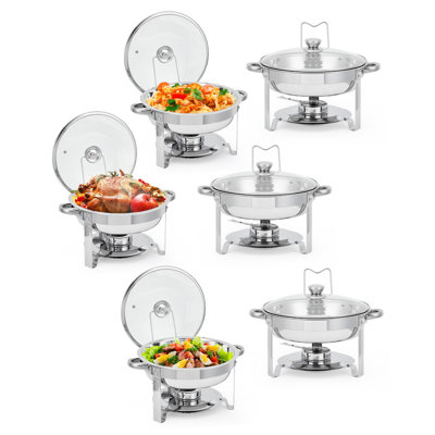 5 Qt Round Chafing Dish Set of 6 – Buffet Servers & Food Warmer with Glass Lid, Holder & Drip Tray, Stainless Steel for Parties, Weddings, Banquets, Catering