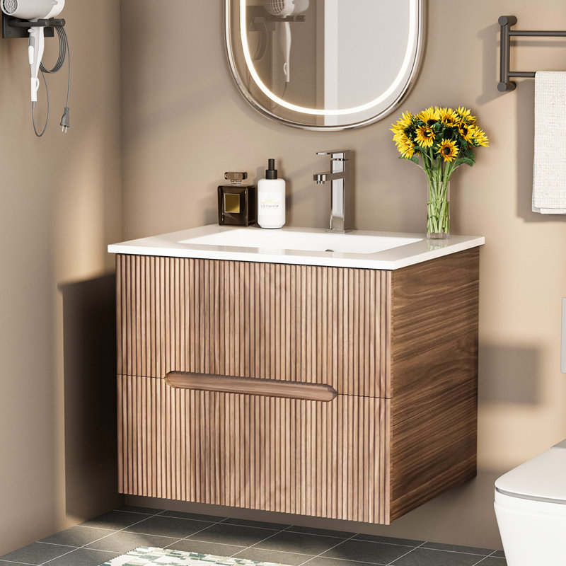 24-Inch Wall-Mounted Bathroom Vanity with Ceramic Sink – Floating Cabinet Set with Soft-Close Drawers, Faucet, and Pop-Up Drain in Walnut Finish