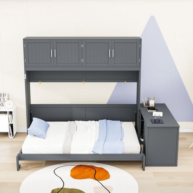 Grand lit escamotable mural avec bureau et tablettes de rangement, Gris
