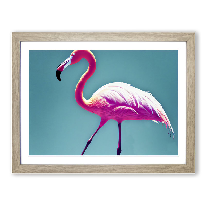 Resplendent Flamingo - Single Picture Frame Painting, 46cm H x 64cm W x 2cm D, Oak Framed