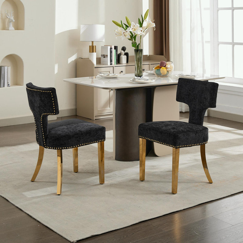 Ensemble de 2 chaises de salle à manger avec clous décoratifs et pieds en métal, Noir, Doré