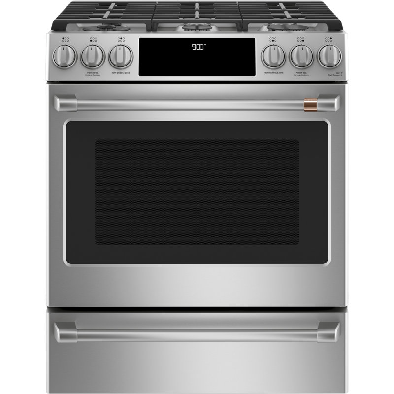 Café 30" 5.7 cu. ft. Smart Slide-in Dual Fuel Range with Griddle and Grill, Stainless Steel/Brushed Stainless