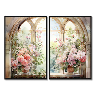 «Pink Blossoming Country Window Gaze V», art mural 2 pièces