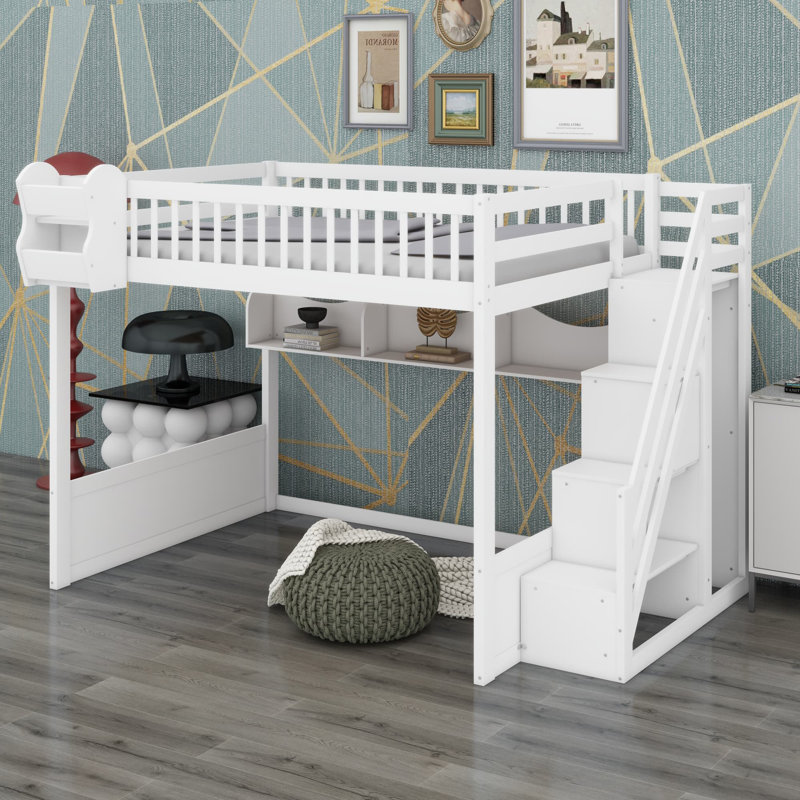 Ebern Designs Wooden Loft Bed With Staircase And Wardrobe - Wayfair Canada