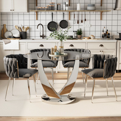 47.2" Round Glass Dining Table Set for 4, Clear Round Kitchen Set with 4 Upholstered Velvet Chairs, for Kitchen, Dining and Space Saving