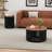 30"W Brown Acacia Solid Wood Round Coffee Table, Black Mdf Drum Cocktail Table