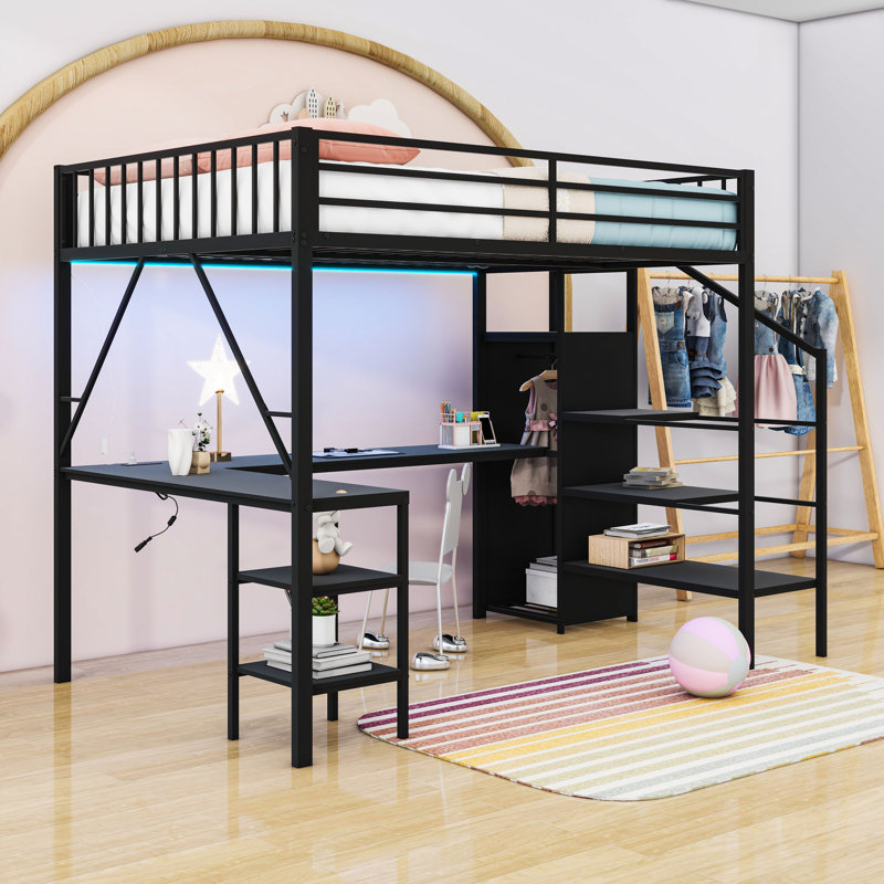 Metal Loft Bed With Open Wardrobe, LED Light, Desk, Charing Station And Storage Stair, Full, Black