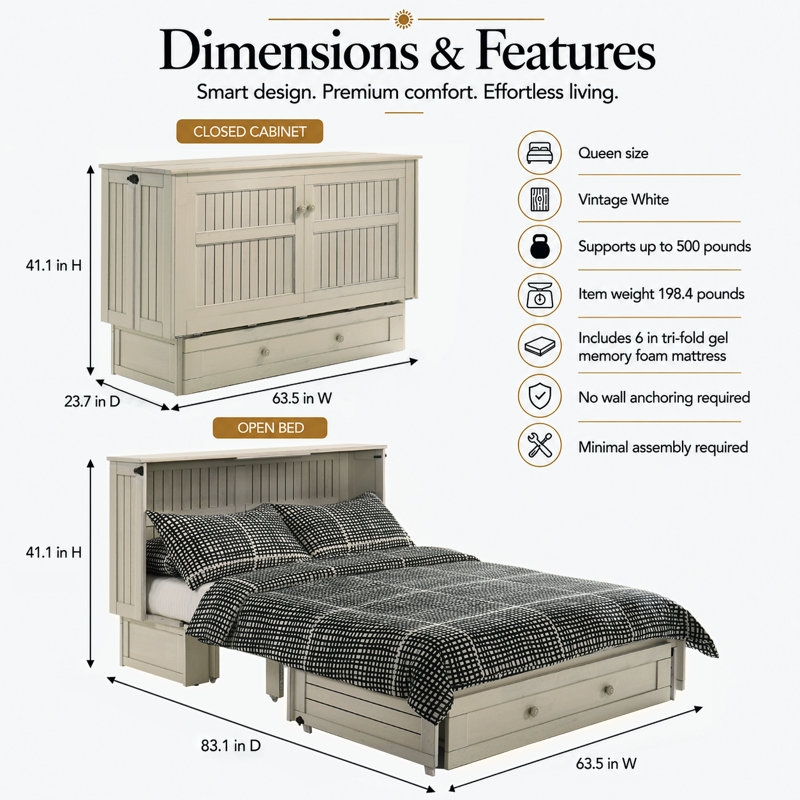 Lit escamotable Daisy de Night & Day Furniture avec matelas en mousse mémoire de 15 cm, format Queen, blanc vintage