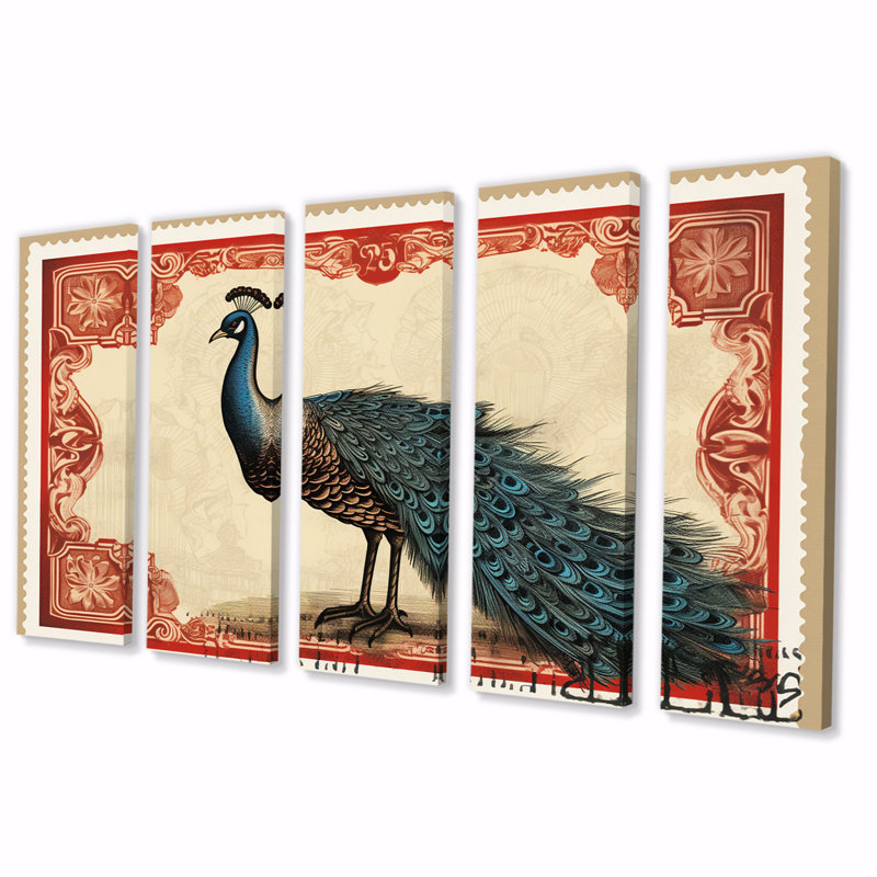 Illustration du timbre de Glorious Peacock VII - animaux, impression sur toile - 5 panneaux égaux