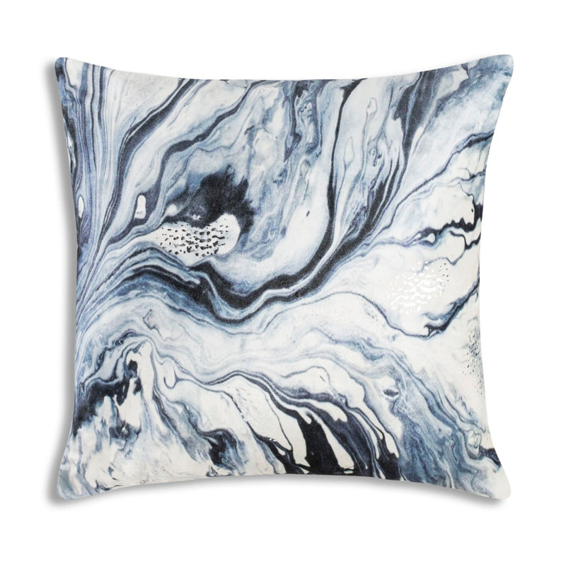 Cloud9 Design Lapis Blue Pillow Printed Decorative Cushion with Watercolor Marble Print and Metallic Foil Modern Glam Style