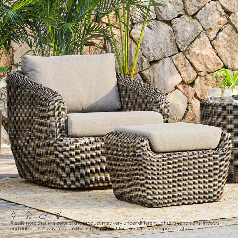 Cambelle Swivel Weather Resistant PE Wicker Barrel Chair and Ottoman Set, Grey, Grey
