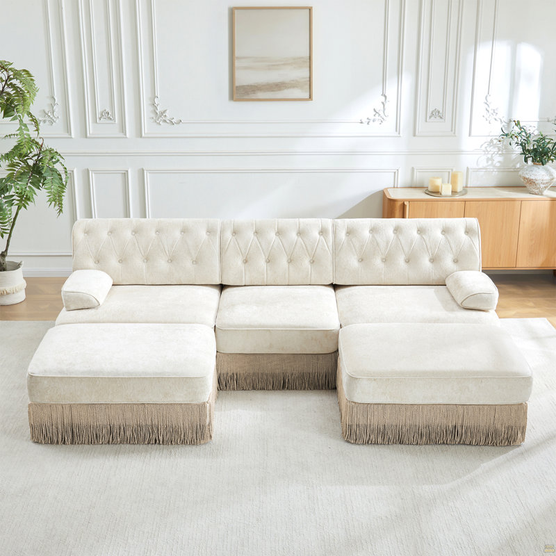 Canapé Chesterfield en U, H 34,2 po x l 106,1 po x P 60,3 po, Beige