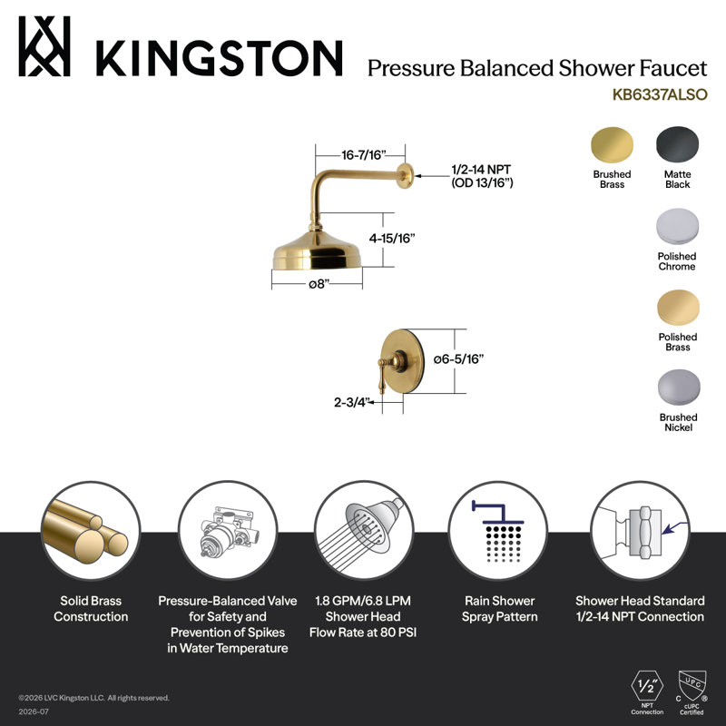 Kingston Brass Restoration Single-Handle Pressure Balanced Shower Faucet, Polished Brass