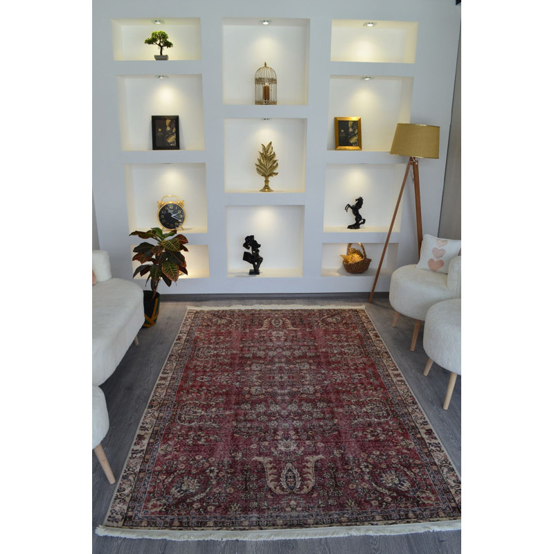 Tapis décoratif rouge à motif floral traditionnel lavable à la machine, Sous-tapis rectangulaire 3 pi 11 po x 5 pi 11 po i