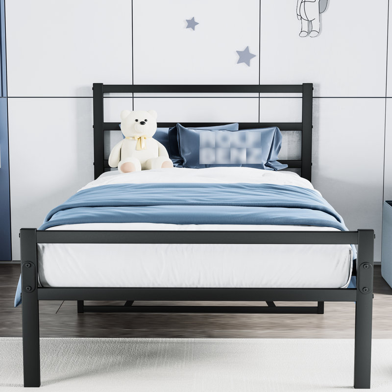 Structure de lit plateforme simple en métal avec tête de lit - Stable, sans sommier, repose-tête et tête de lit silencieux, noir, printemps, nuit