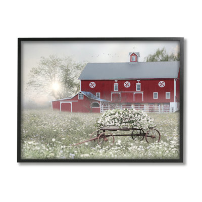 «Red Barn Floral Wagon Meadow» par Lori Deiter - cadre flottant, impression sur bois