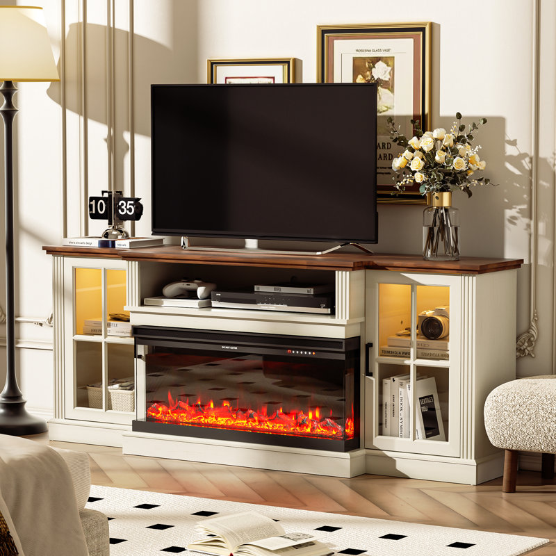 70" 3-sided Fireplace Tv Stand For Tvs Up To 80", Entertainment Center With 34" Electric Fireplace,led Light Tv Consoles For Living Room,farmhouse Highboy Media Console W/glass Door Cabinet