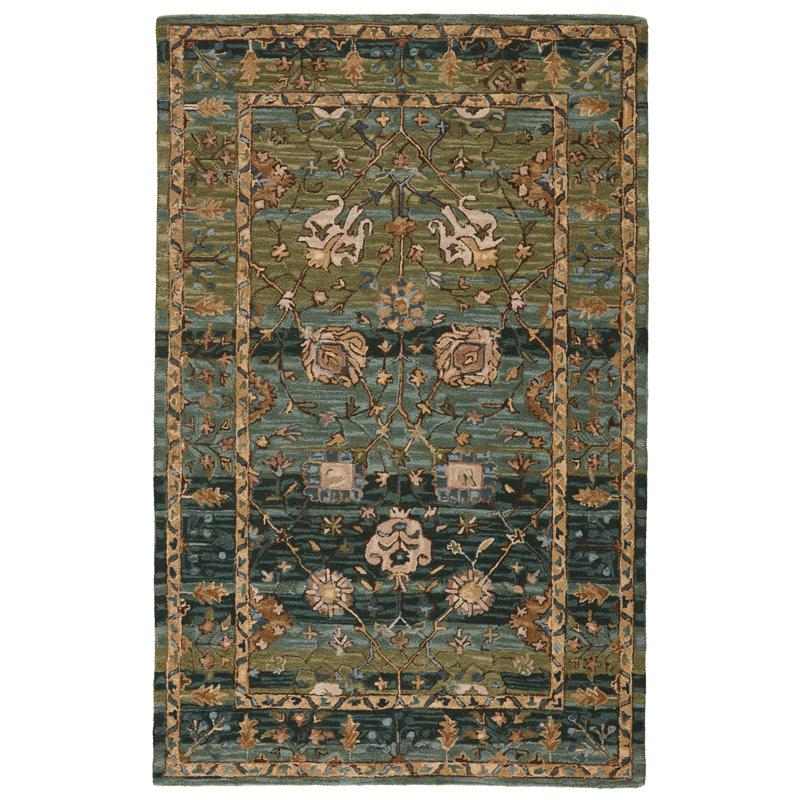 Tapis vert / brun clair / bleu en laine touffeté à la main Corla, Rectangle 8 pi x 10 pi