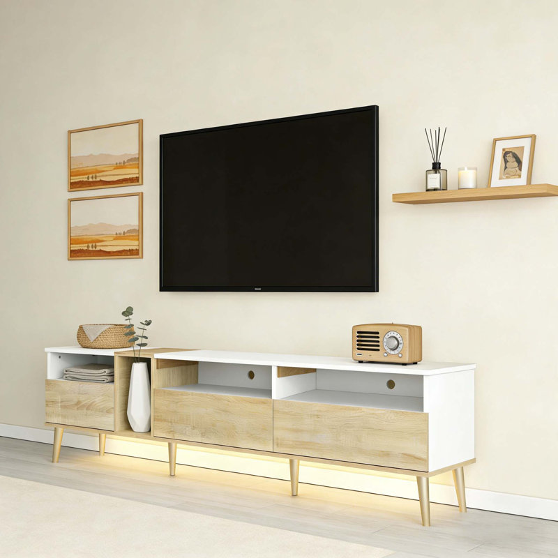 Meuble télé moderne avec 3 tiroirs et tablettes ouvertes, supportant les téléviseurs jusqu'à 80 pouces, rangement multifonctionnel