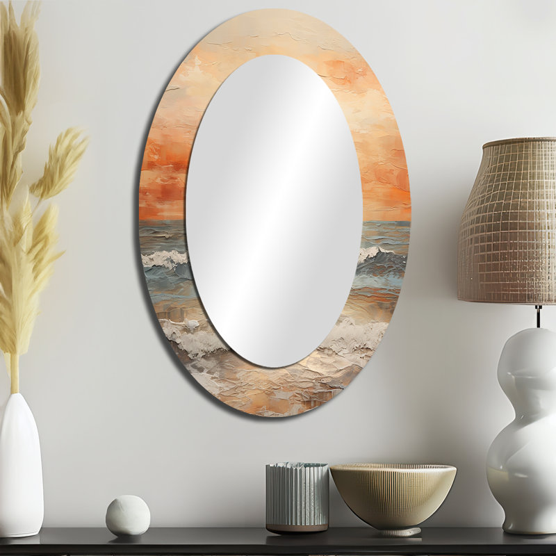 Beige And Golden Beach Sunset Paradise II - Large Oval Wall Mirror On Metal, 36" x 24"